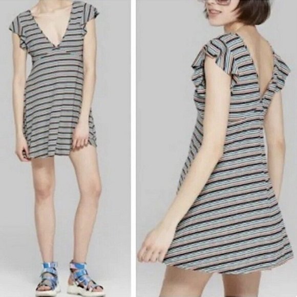 Wild Fable Colourful Striped Dress with Ruffle Sleeves - Picture 2 of 5